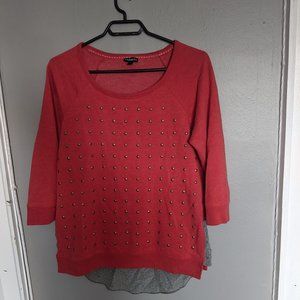 Express Red / Pink 3/4 Sleeve Crewneck with Soft Studs and Floral Detail